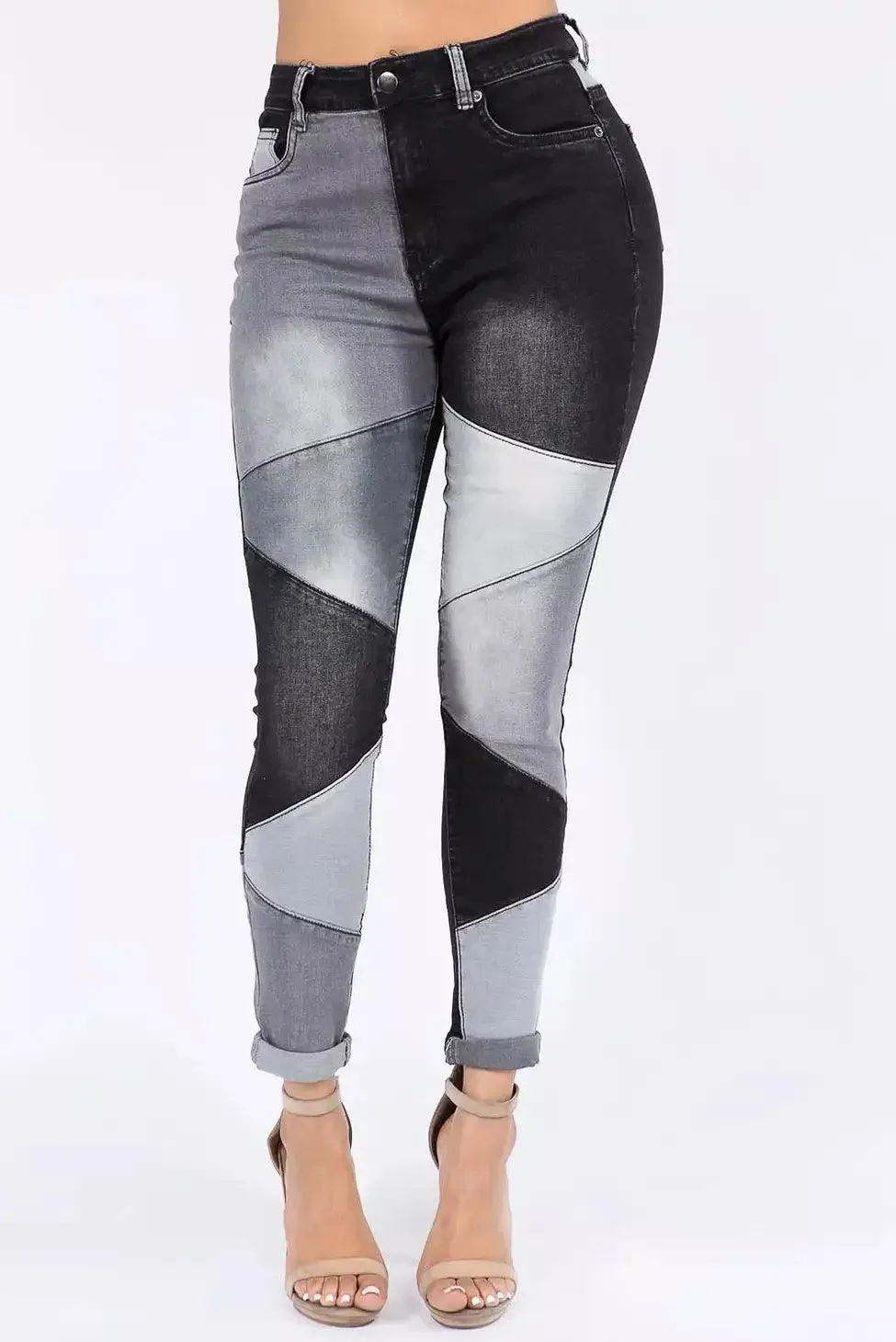 Color Block Trim High Waist Skinny Jeans- Black