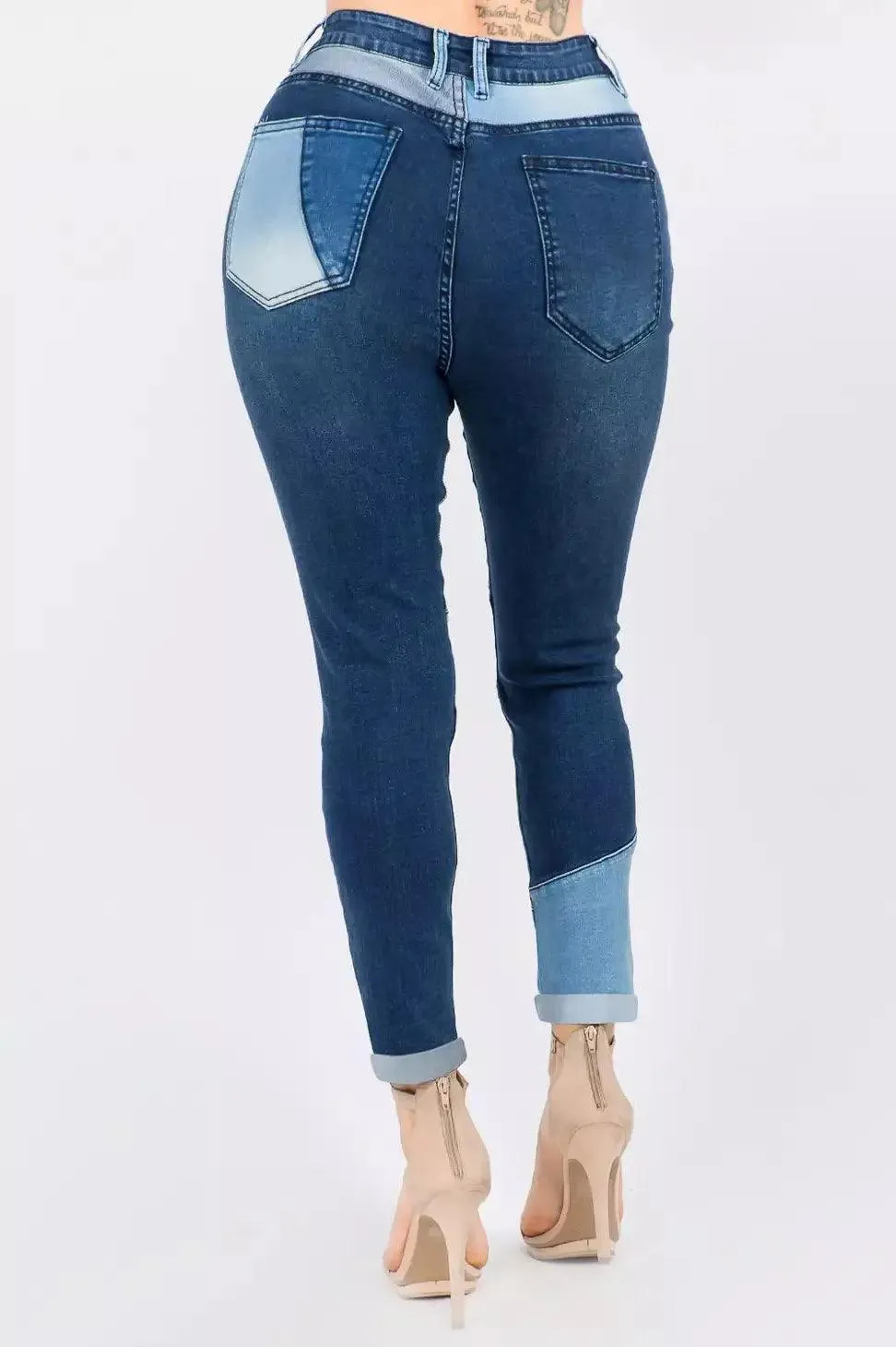 Color Block Trim High Waist Skinny Jeans- Black