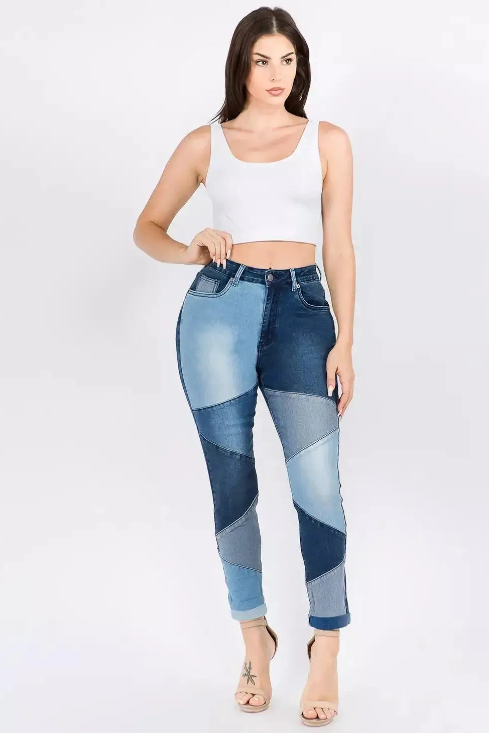 Color Block Trim High Waist Skinny Jeans- Black