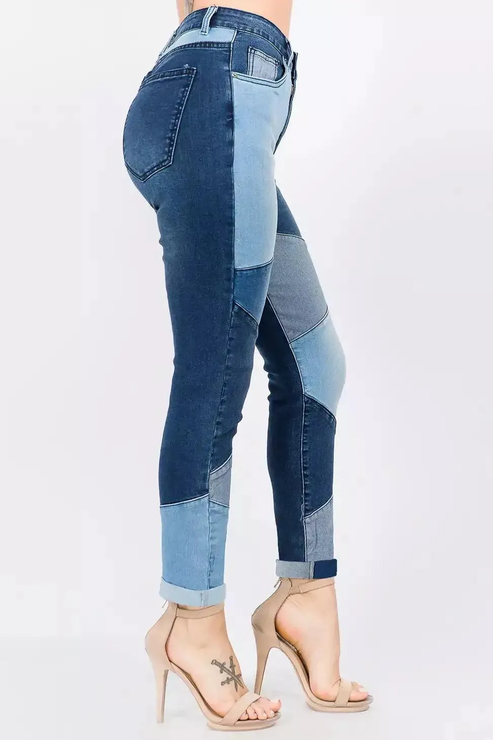 Color Block Trim High Waist Skinny Jeans- Black