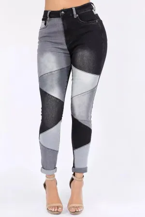 Color Block Trim High Waist Skinny Jeans- Black