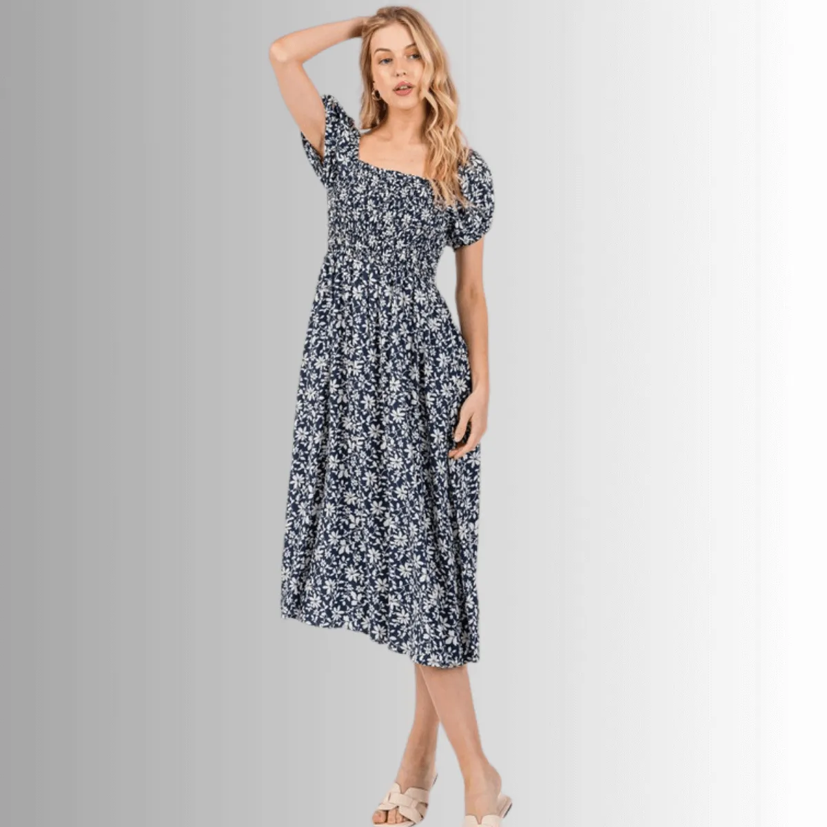Delilah Navy Floral Smocked Midi Dress