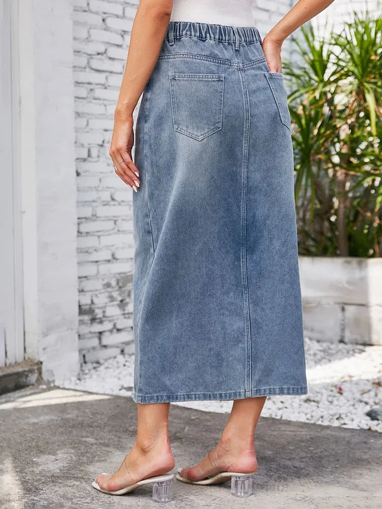 Denim Elastic Washed Front Casual Street Long Waist Split Skirt