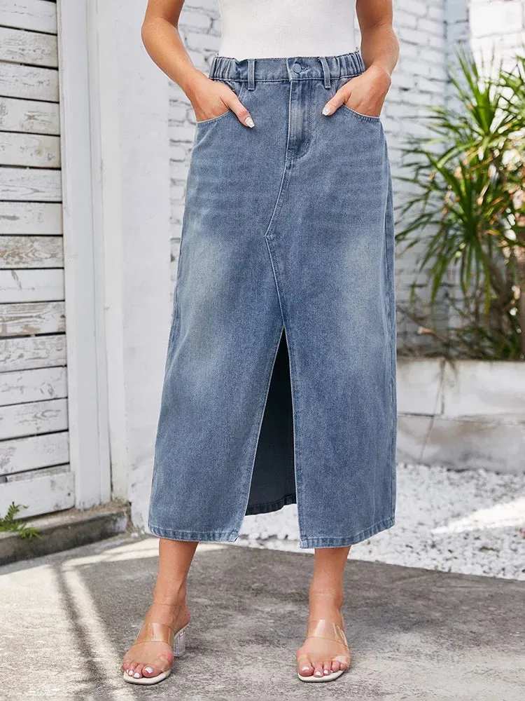 Denim Elastic Washed Front Casual Street Long Waist Split Skirt