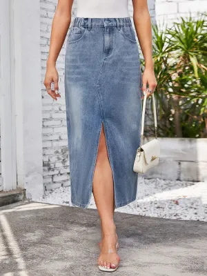 Denim Elastic Washed Front Casual Street Long Waist Split Skirt