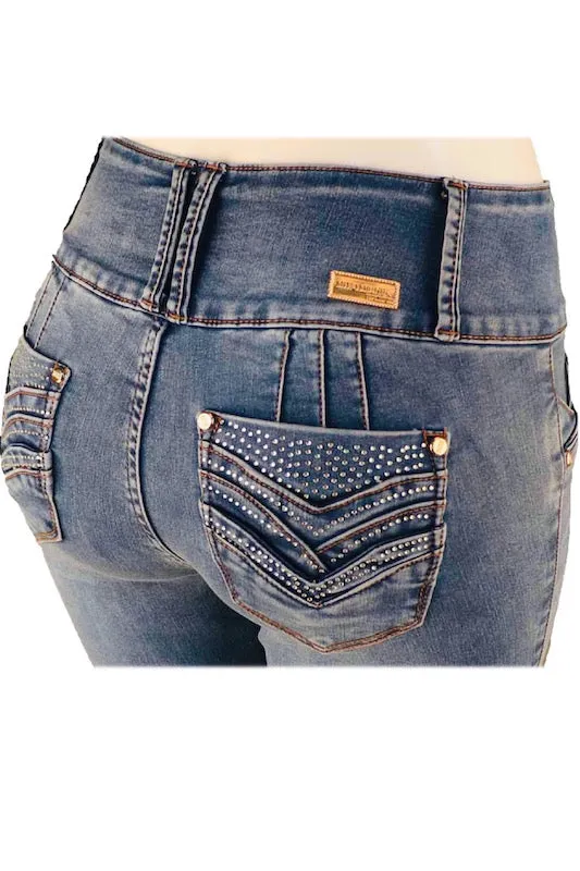 Estrella Mid Rise Distressed Jeans With Rhinestone Pockets