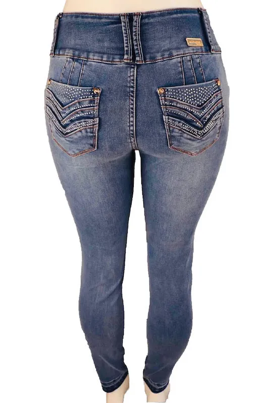 Estrella Mid Rise Distressed Jeans With Rhinestone Pockets