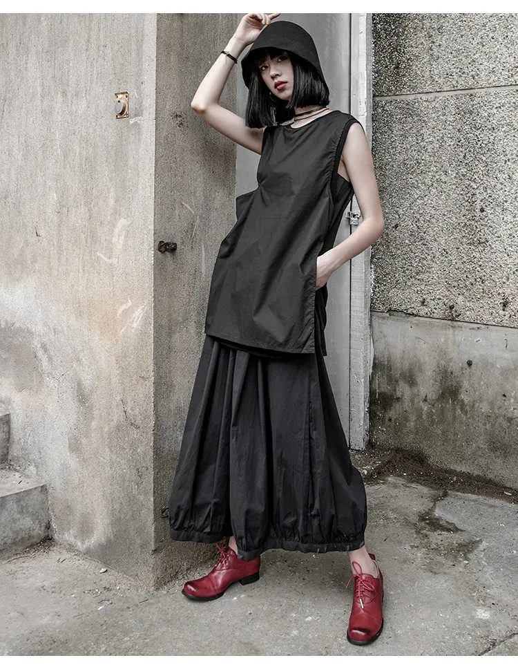 High Elastic Waist Pleated Split Joint Wide Leg Pants Trousers Black