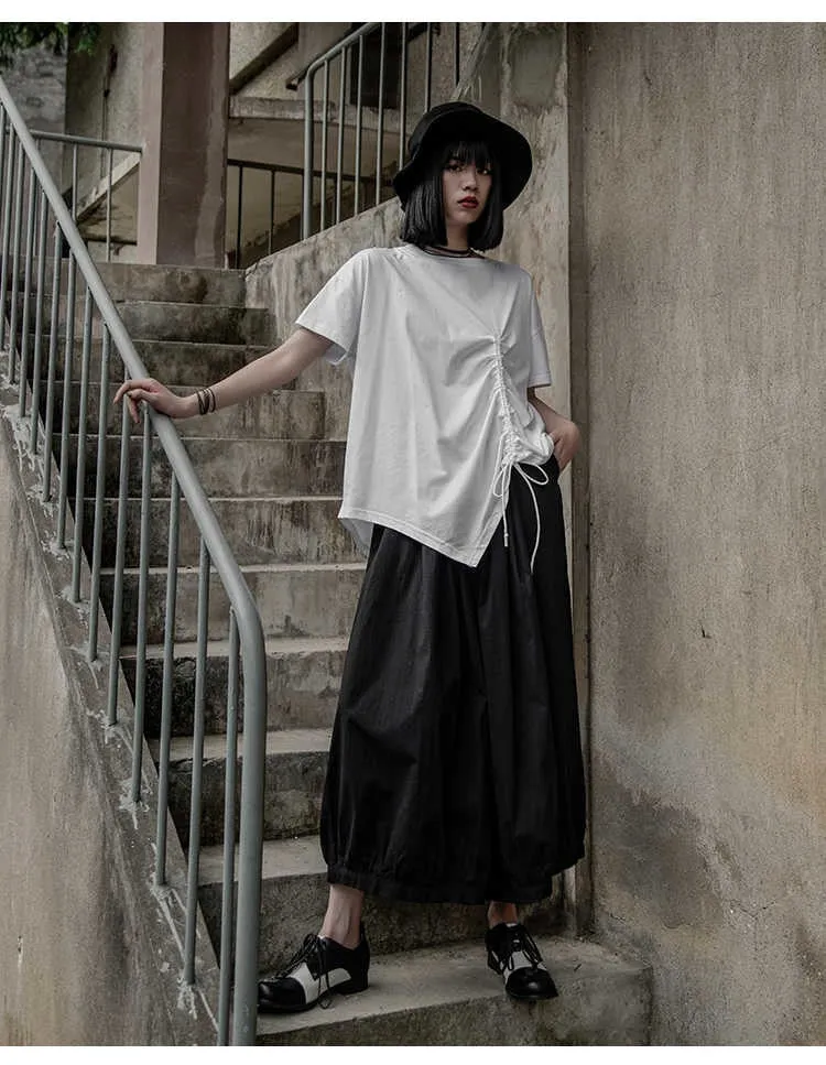 High Elastic Waist Pleated Split Joint Wide Leg Pants Trousers Black