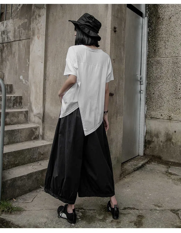 High Elastic Waist Pleated Split Joint Wide Leg Pants Trousers Black