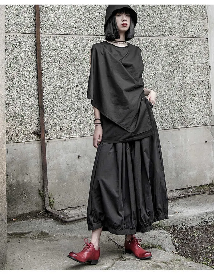 High Elastic Waist Pleated Split Joint Wide Leg Pants Trousers Black