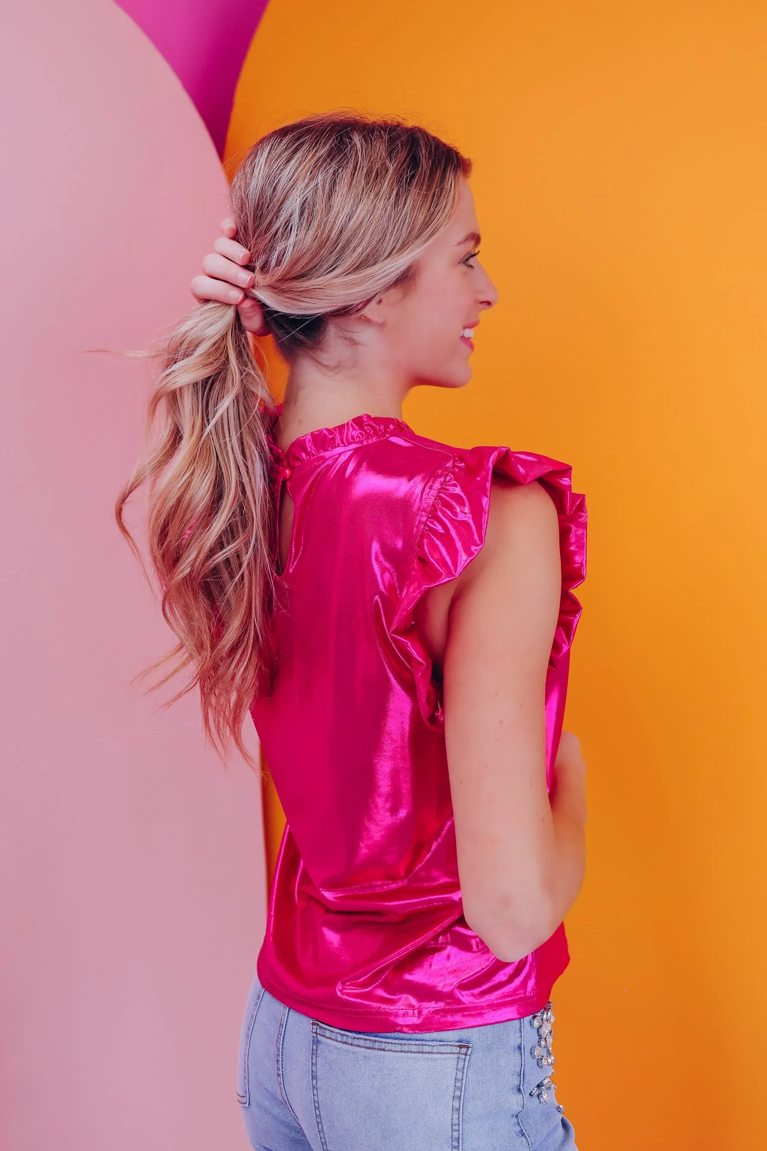 Mitzi Metallic Ruffle Neck Top - Pink