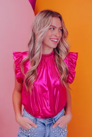 Mitzi Metallic Ruffle Neck Top - Pink