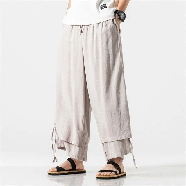 MRDONOO Cotton Linen Lightweight Thin Men's Trousers Chinese Style Loose Wide Leg Full Length Pants Casual Cross-Pants QT713-K68