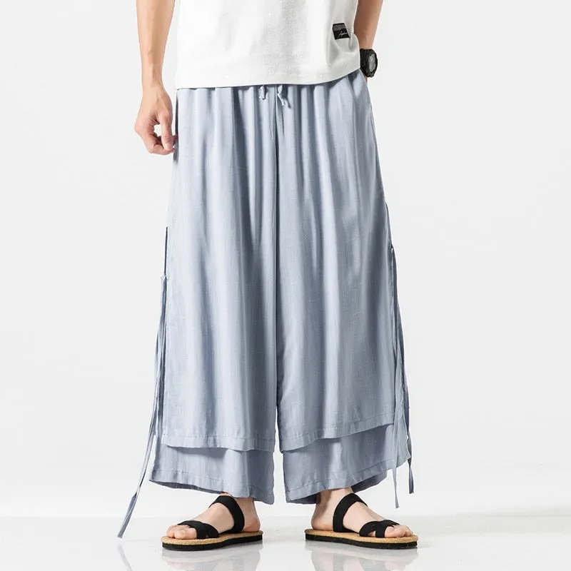 MRDONOO Cotton Linen Lightweight Thin Men's Trousers Chinese Style Loose Wide Leg Full Length Pants Casual Cross-Pants QT713-K68
