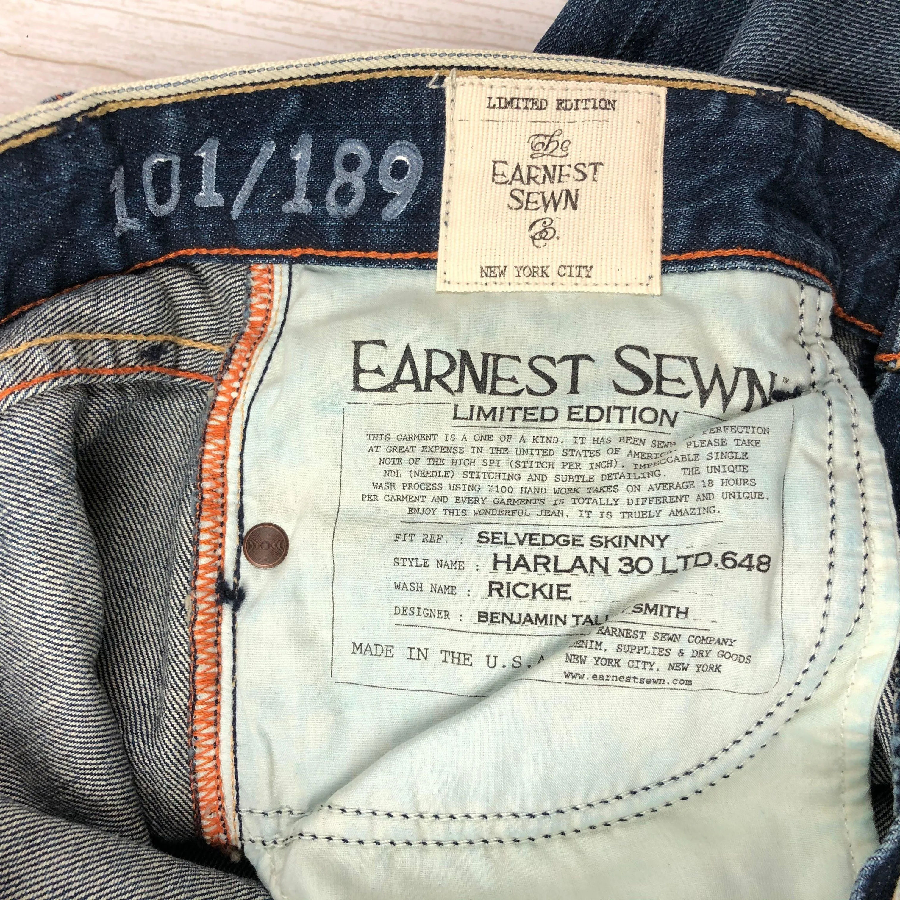 NWT- Earnest Sewn  "Harlan" Rickie Limited Edition  Selvedge Skinny Jeans - Size 27