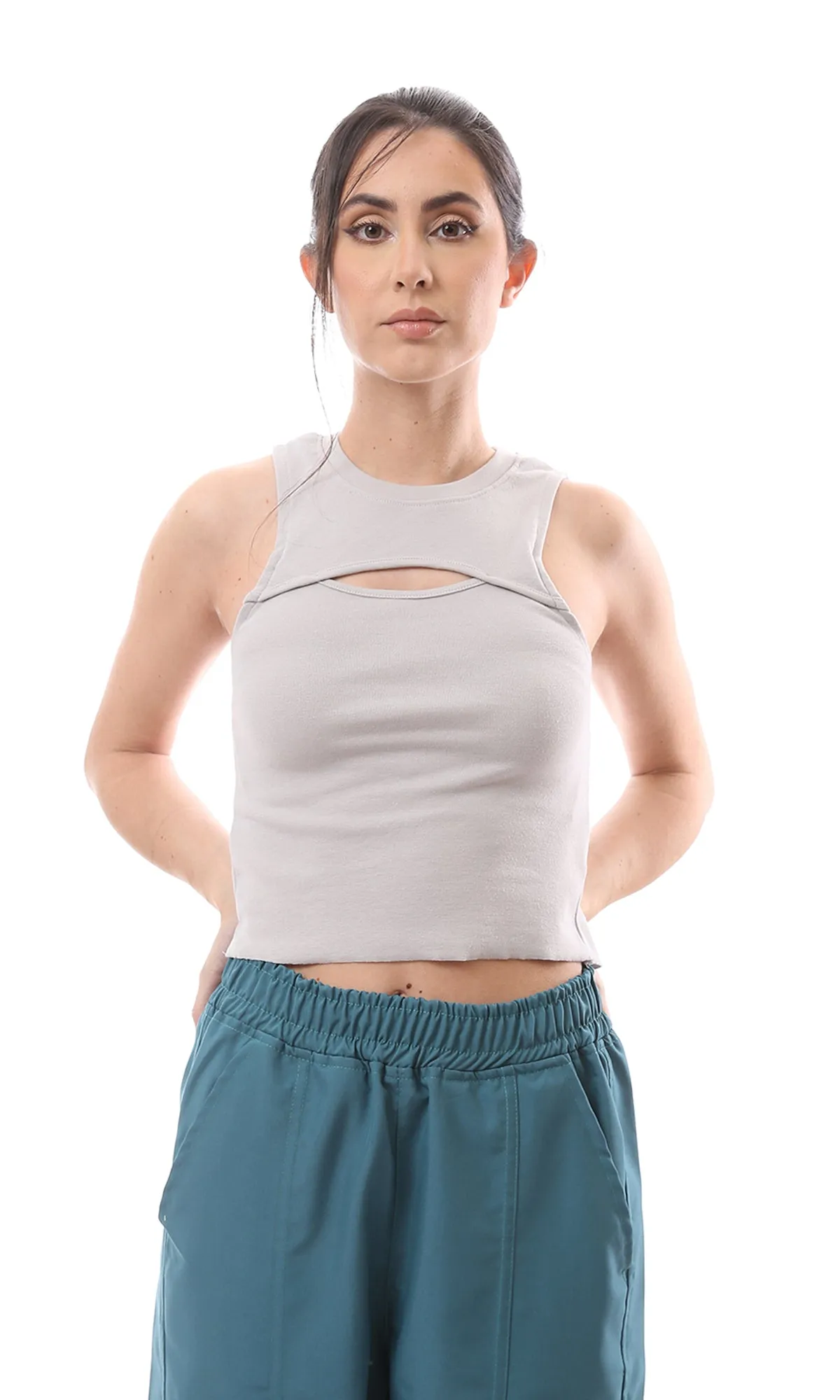 O166342 Grey Sleeveless Cut Out Tank Top