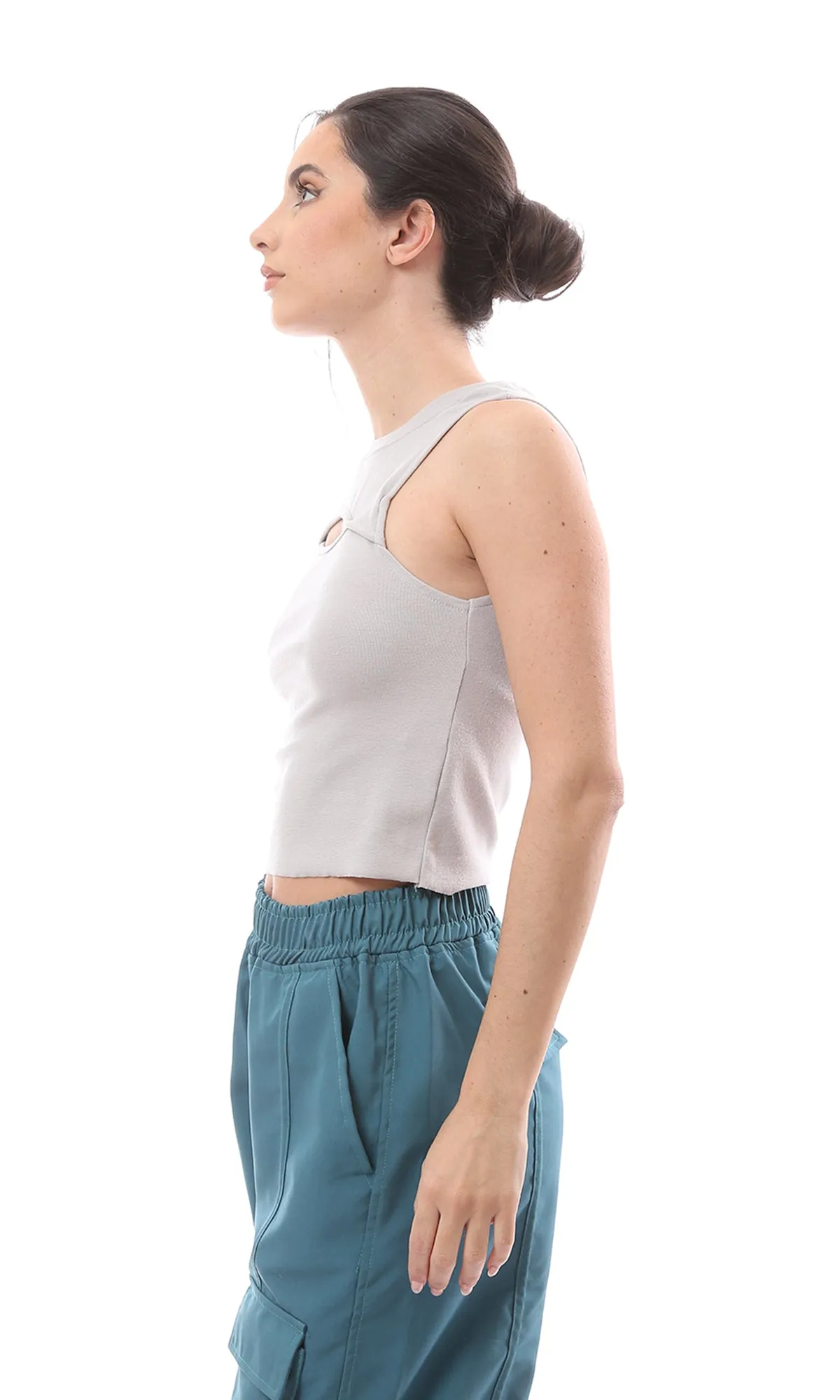 O166342 Grey Sleeveless Cut Out Tank Top