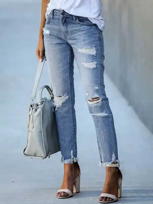 Raw edge ripped slim fit slim jeans women’s straight leg cropped pants