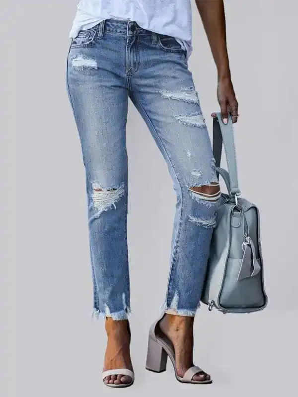 Raw edge ripped slim fit slim jeans women’s straight leg cropped pants