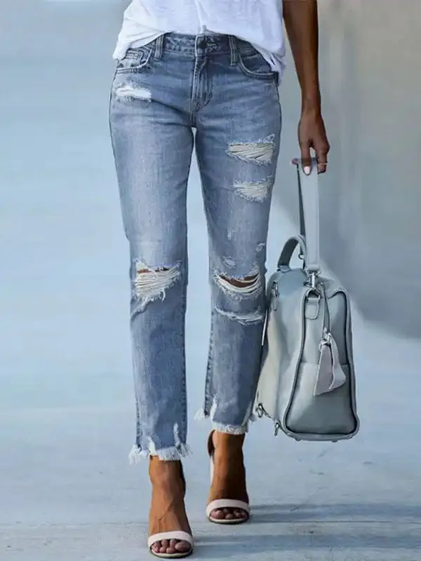 Raw edge ripped slim fit slim jeans women’s straight leg cropped pants