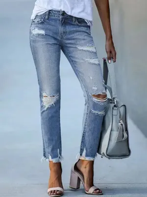 Raw edge ripped slim fit slim jeans women’s straight leg cropped pants