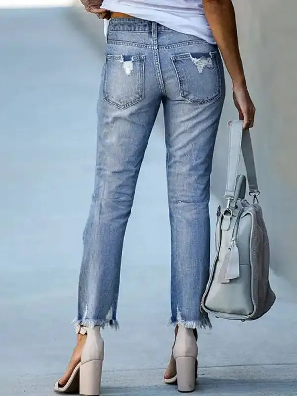 Raw edge ripped slim fit slim jeans women’s straight leg cropped pants