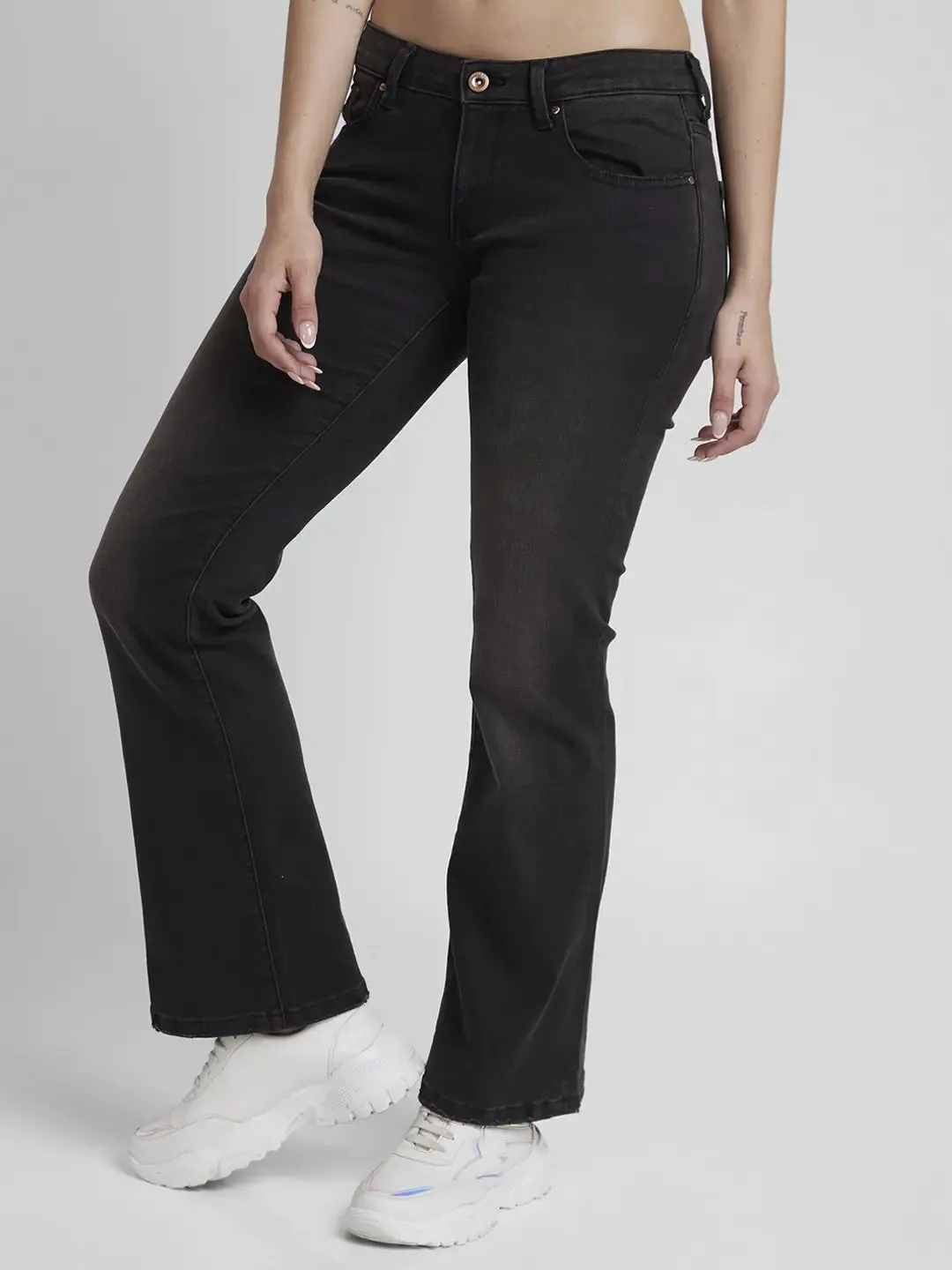 Spykar Women Black Lycra Bootcut Fit Ankle Length Low Distressed Jeans -(Elissa-Low)