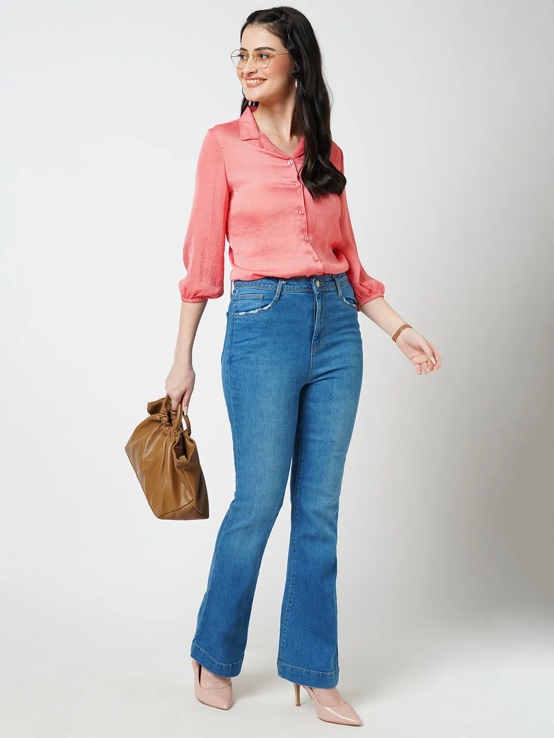 Women Blue K5094 High Rise Mini Flare Jeans