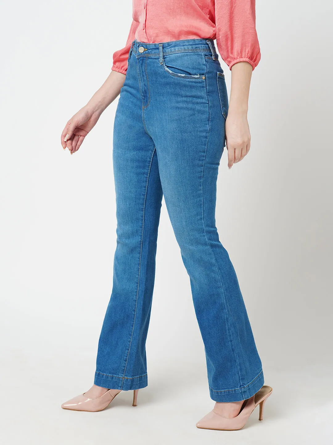 Women Blue K5094 High Rise Mini Flare Jeans