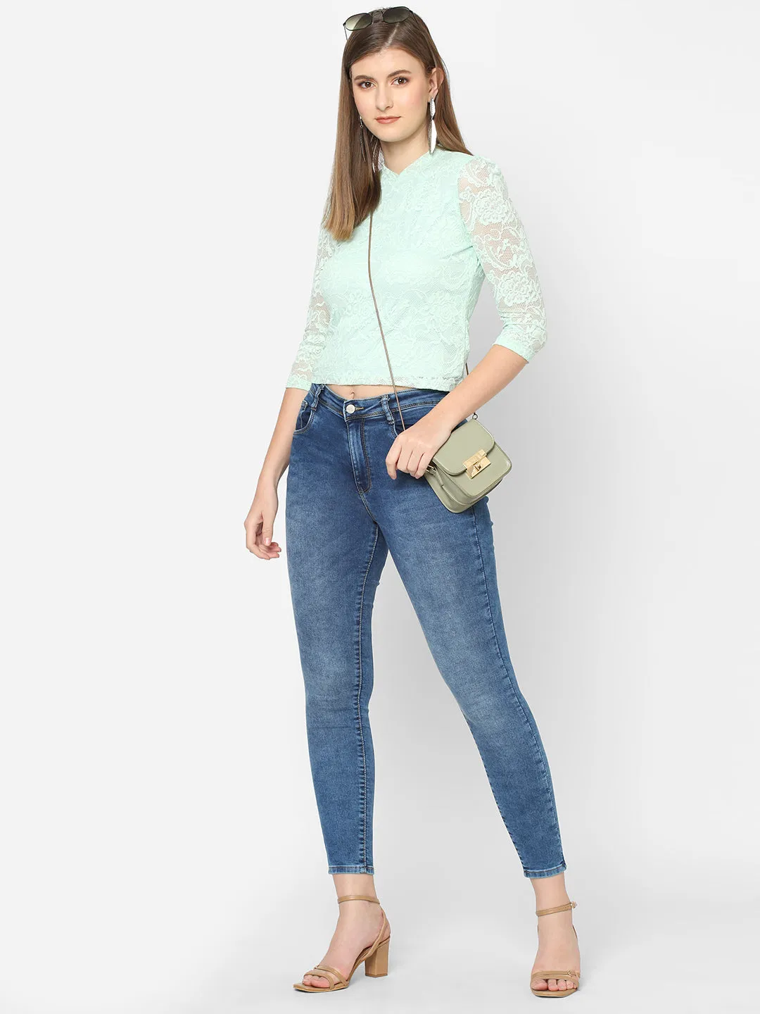 Women High-Neck Slim Fit Lace Crop Top